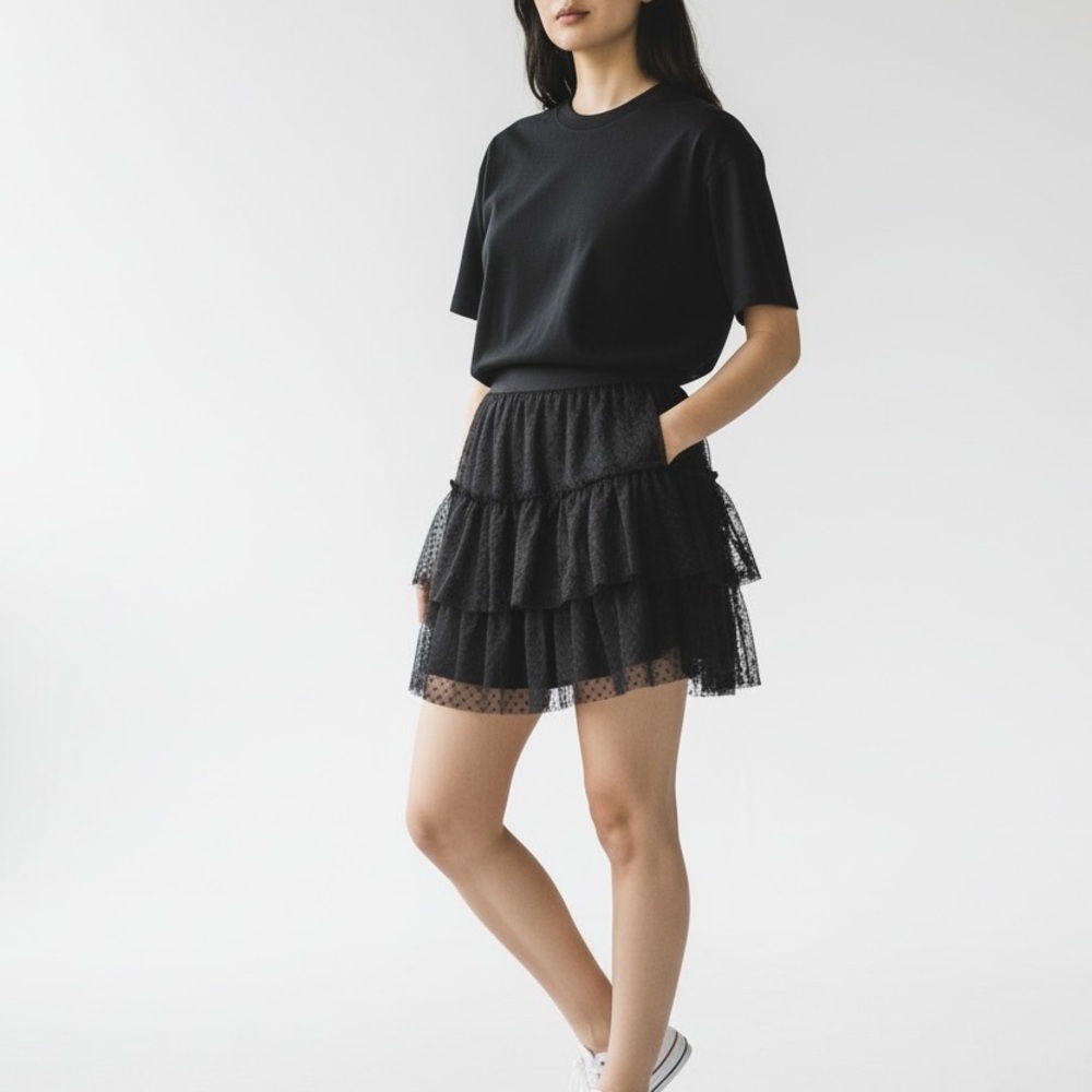 NEW American Eagle Black Mesh Layered Tiered Mini Skirt Size Small